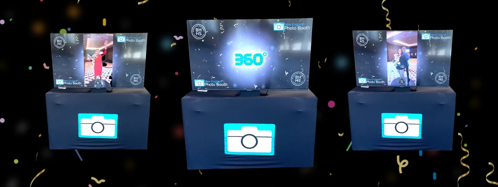 50-inch TV slideshow display showing live photo booth photos at a New England event