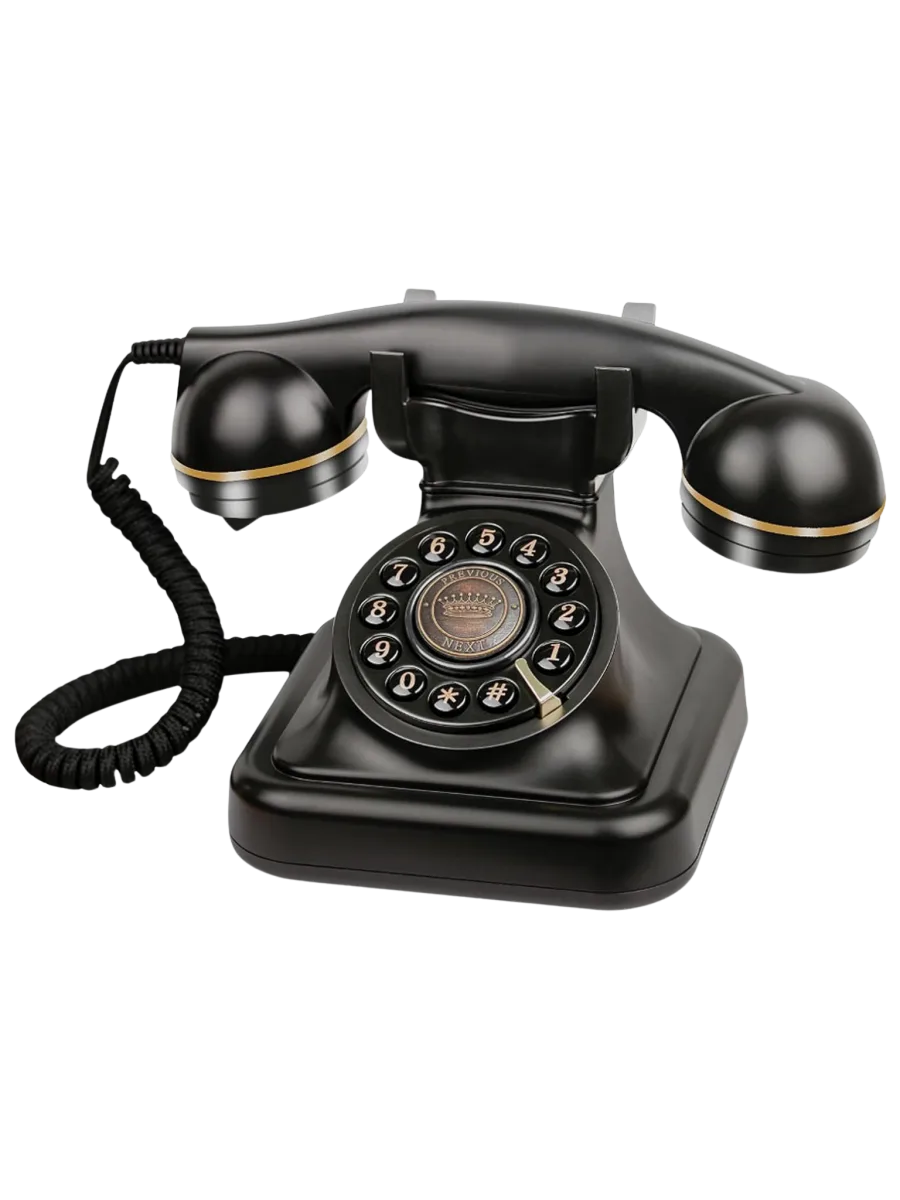 The audio guestbook's vintage matte-black telephone with brass accents