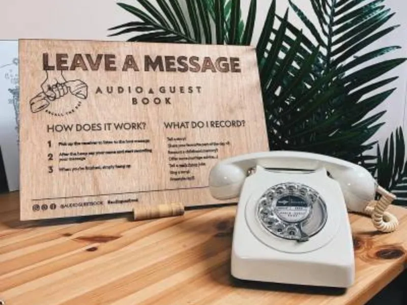 Audio guestbook telephone display at a wedding reception