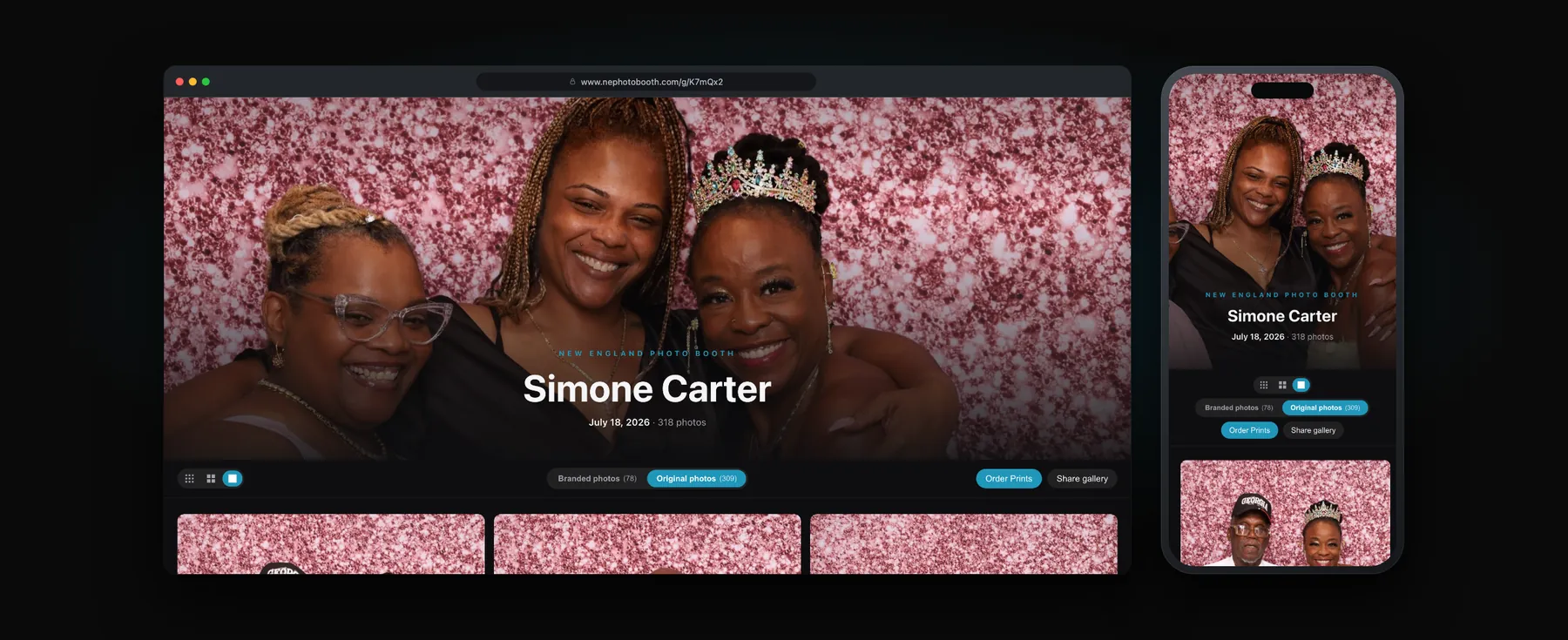 A New England Photo Booth online gallery open on a laptop and a phone, showing the event cover photo and the grid of photos guests browse