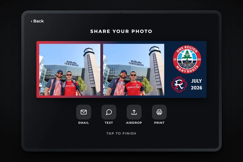 iPad sharing screen showing a branded event photo with email, text, AirDrop and print options