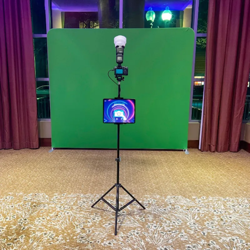 HD Tripod Pro booth rear view showing camera rig and professional flash equipment