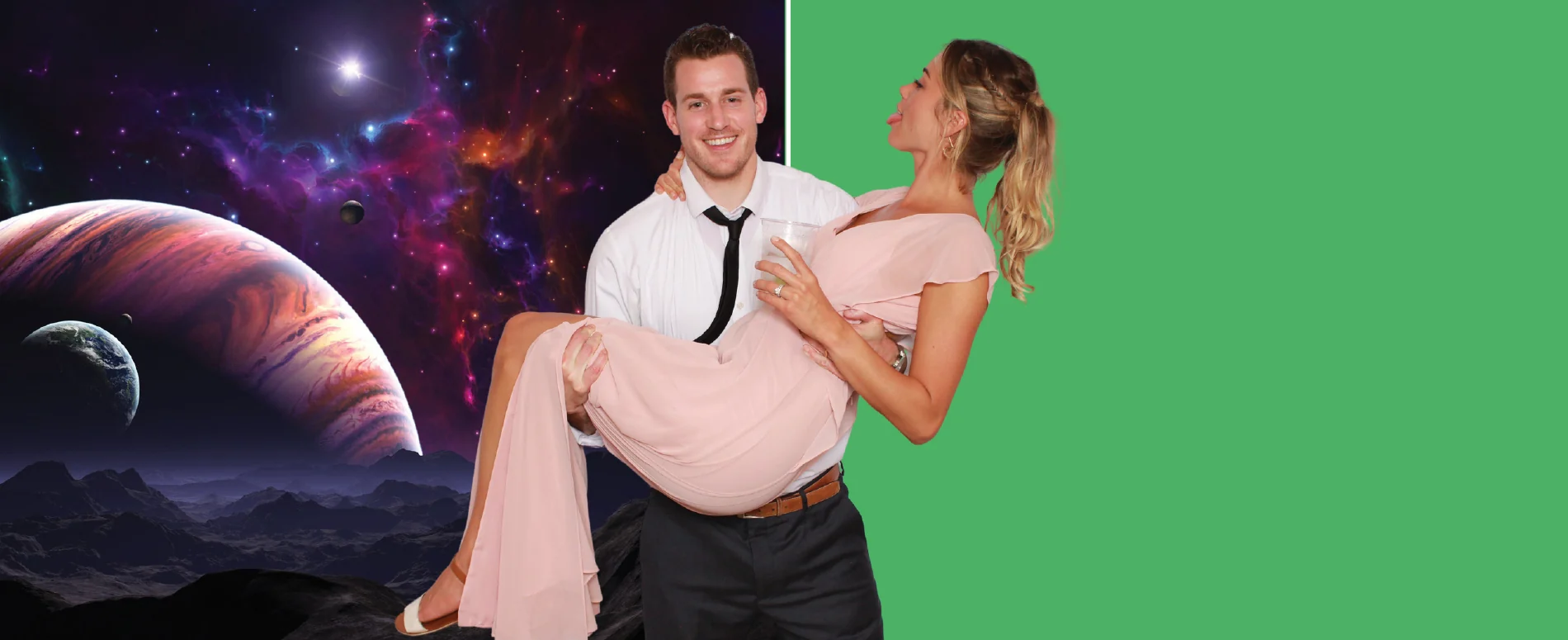 Green screen photo booth before and after: guest composited onto a custom background versus the raw green screen