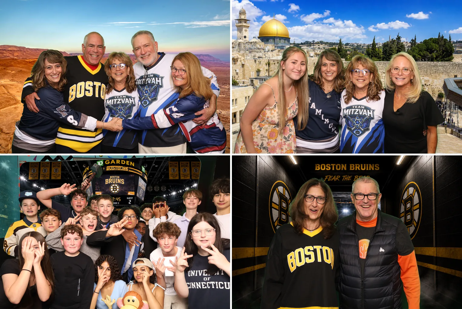 Four green screen photo booth results showing different backgrounds: TD Garden ice, Grand Canyon, Jerusalem, and Bruins locker room