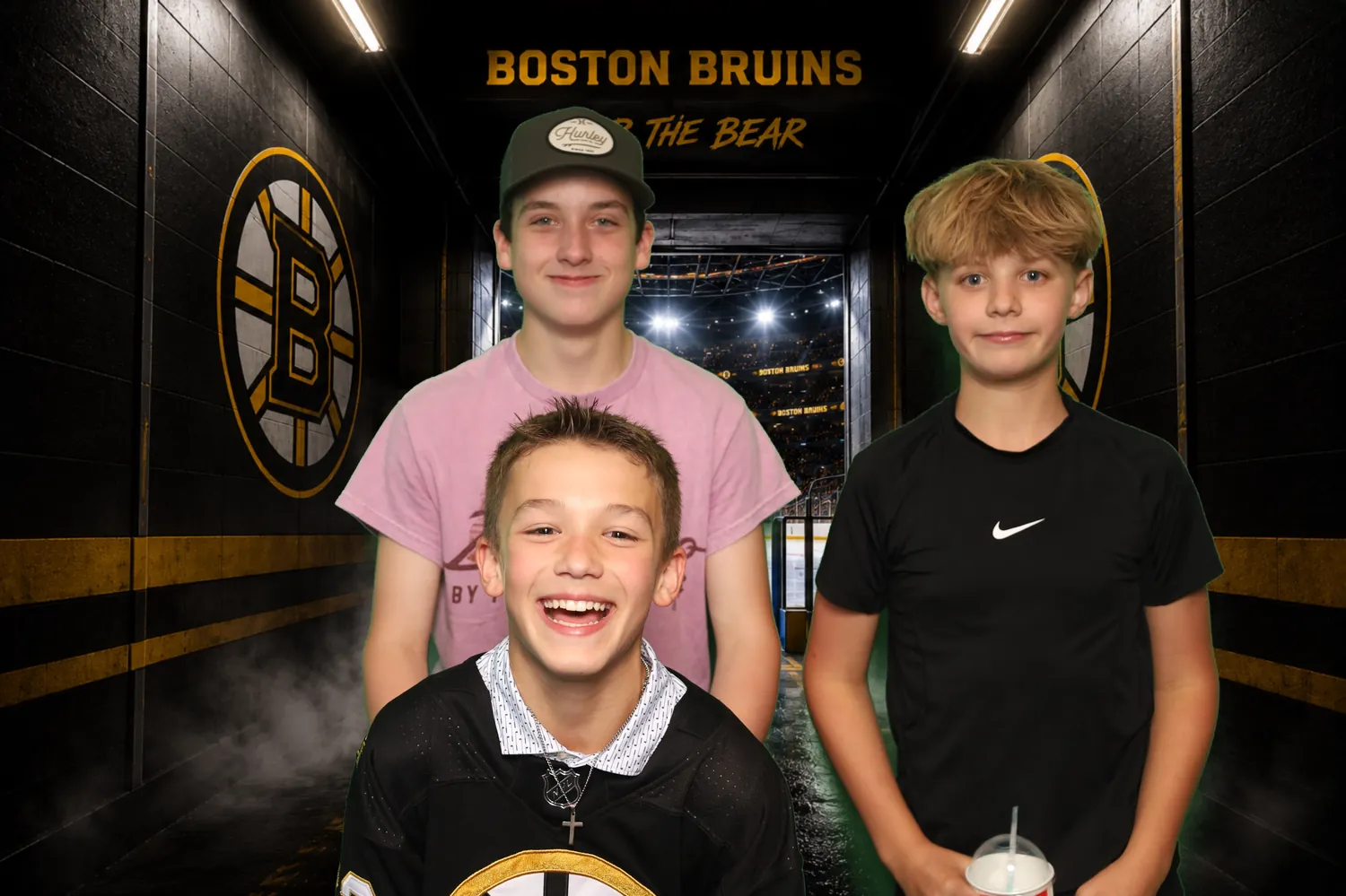 Kids in the Boston Bruins locker room green screen background