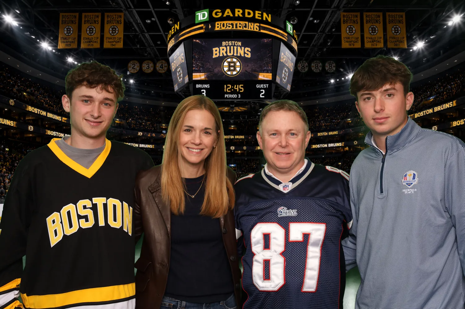 Family in Boston sports jerseys on the TD Garden ice green screen background