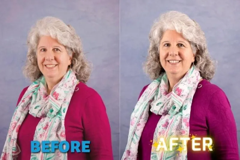 Side by side corporate headshot showing before and after professional retouching