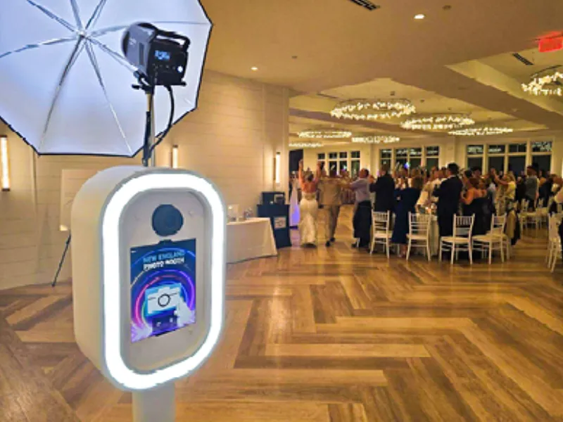 LuxPod setup with custom backdrop at corporate event