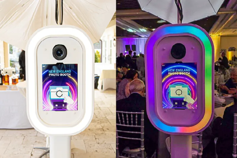 LuxPod photo booth with colorful LED ring light at an outdoor event