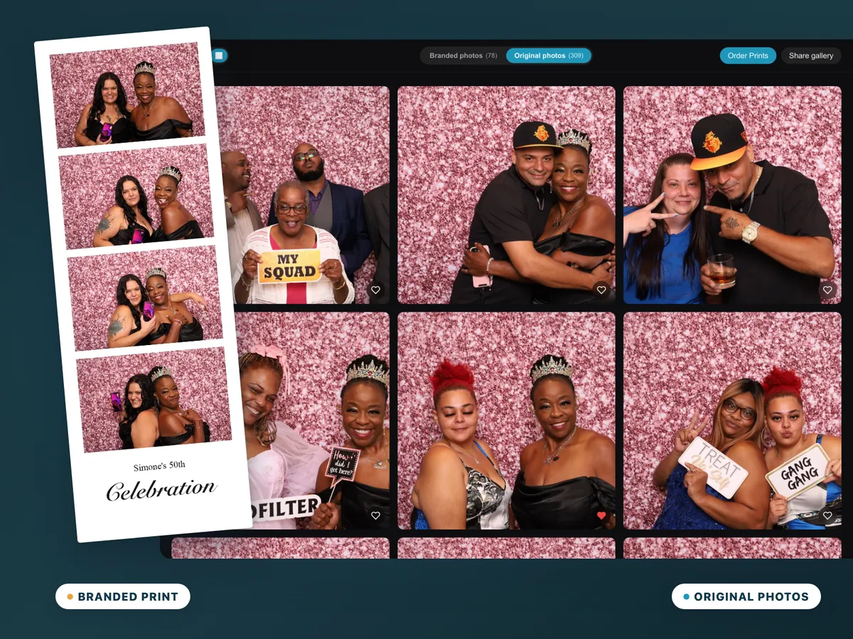 A branded photo strip laid over the online gallery grid, showing the formatted print alongside the unbranded original photos