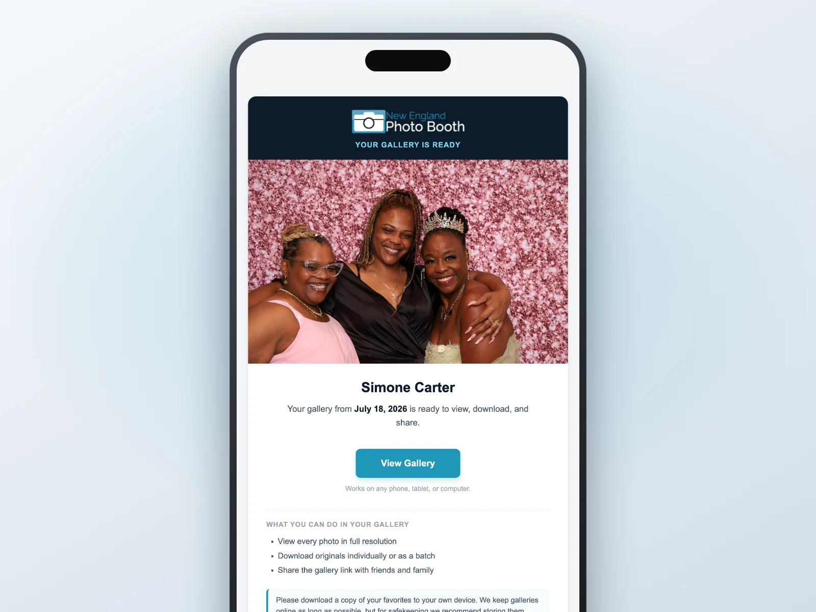 The &ldquo;Your gallery is ready&rdquo; email on a phone, with the event cover photo and a View Gallery button