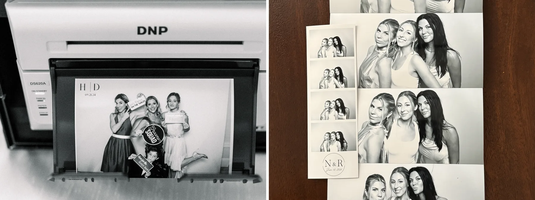 Left: a branded photo printing at the booth. Right: a small branded photo strip beside the same four shots printed full size as separate 4x6 photos