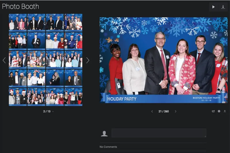 Digital photo gallery interface showing photo booth images from an event